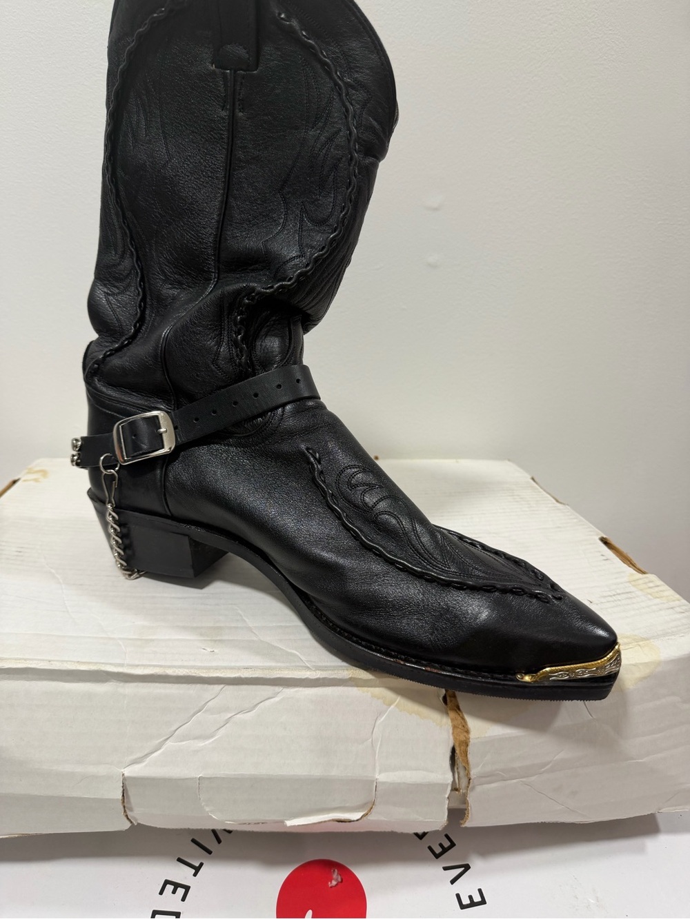 Black Leather Western Harness Boot with Gold Toe Trim